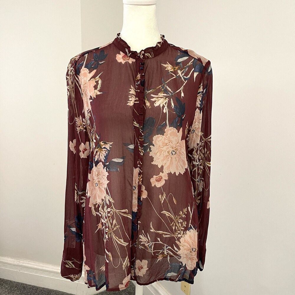 Lucky Brand Top Womens Large Floral Button Front Semi Sheer Ruffle Trim Blouse - Picture 2 of 10